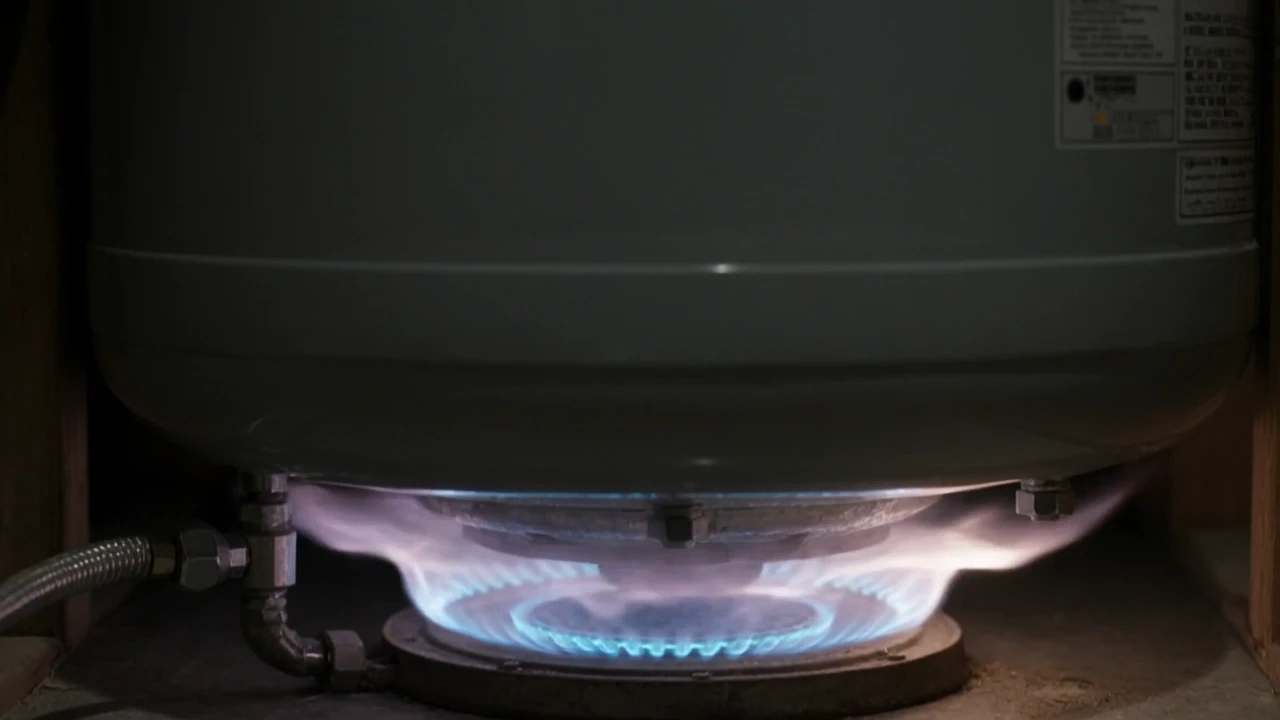 Illustrative image: a burner ring alight beneath a water tank in a dim utility space.